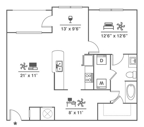 Floor plan for 1 bed, 1 bath, 1005 sqft